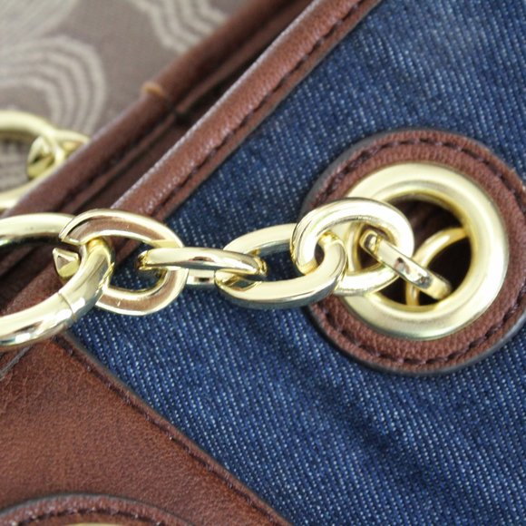LIZ CLAIBORNE bag! Denim & brown faux leather, with gold tone hardware. - Picture 4 of 11